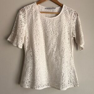 NWT Beta's Choice White Lace Short Ruffle Sleeve Lined Top Size Medium